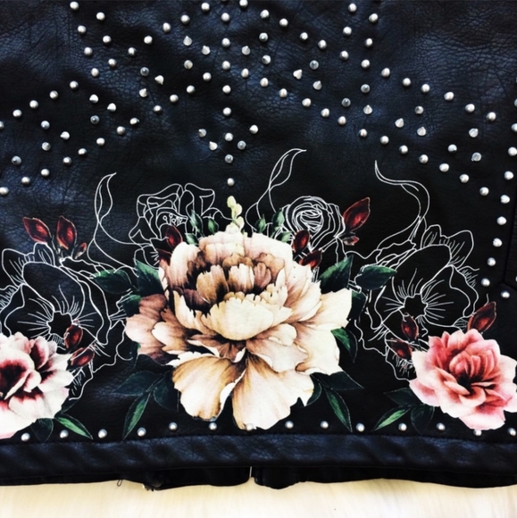 BlankNYC Black Vegan Leather Floral Studded Spiked Moto Jacket - Picture 6 of 10